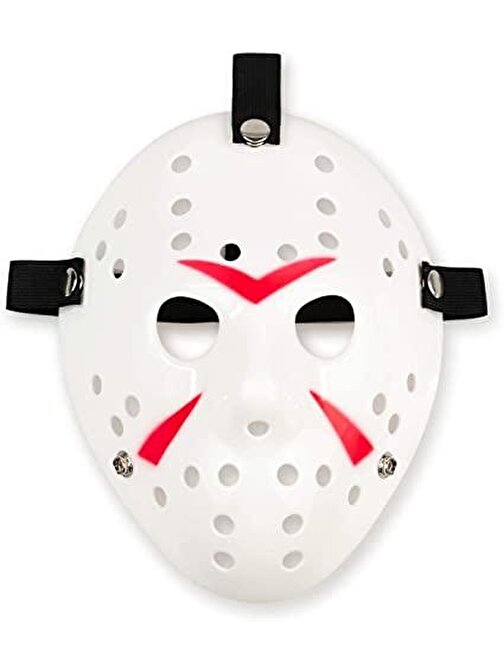 nefertiya Beyaz Renk Kırmızı Çizgili Tam Yüz Hokey Jason Maskesi Hannibal Maskesi