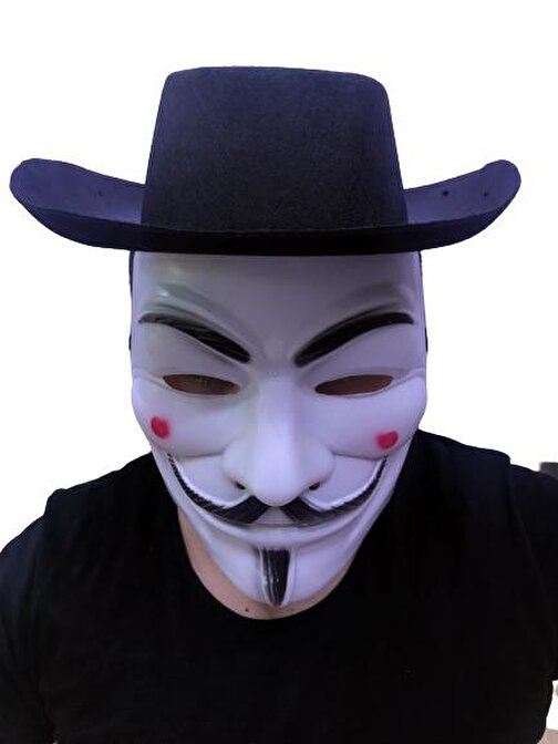 nefertiya Siyah Renkli Delikli Çocuk Boy Vendetta Şapkası ve Vendetta Maskesi
