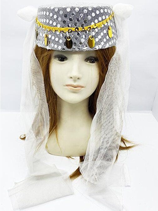 nefertiya Beyaz Duvaklı Altın Pul İşlemeli Kına Fesi Kına Şapkası Oryantal Şapkası