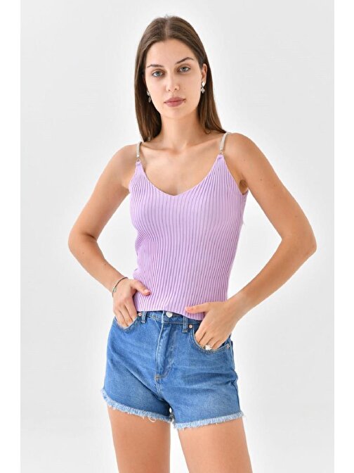 Askılı Sim Detaylı Lila Triko Crop Top