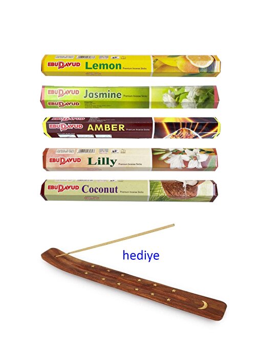 Nefertiya 5 Paket 20 Çubuklu Tütsü Lemon Amber Lilly Jasmine Coconut Kayık Hediyeli