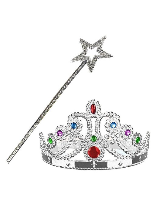 nefertiya Gümüş Renk Metalize Prenses Tacı ve Metalize Prenses Yıldız Asası