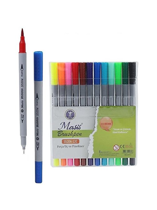 Masis Fineliner Kalem Çift Yönlü 12 Renk Fırça Uç ve Fineliner Brushpen 12li Keçe Uçlu Kalem Kalın İnce Keçeli Kalem