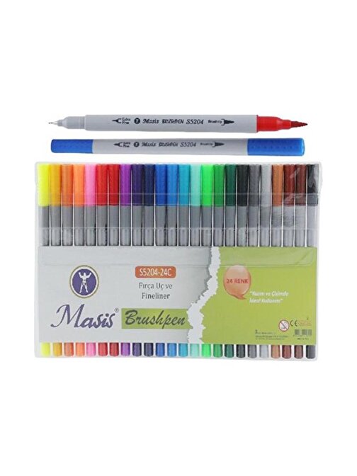 Masis Fineliner Kalem Çift Yönlü 24 Renk Fırça Uç ve Fineliner Brushpen 24lü Keçe Uçlu Kalem Kalın İnce Keçeli Kalem