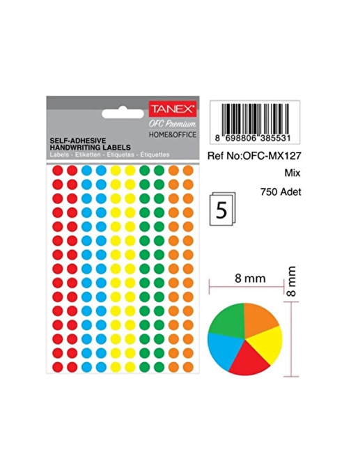 Tanex Ofc-127  Mix Color Yuvarlak Ofis Etiketi 0.8 Mm 5 Syf-750 Adt