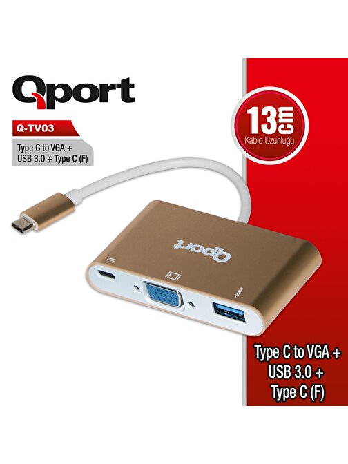 QPORT Q-TV03 USB3.1 TYPE-C => VGA+USB3.0 +USB3.1 TYPE-C Çevirici Adaptör