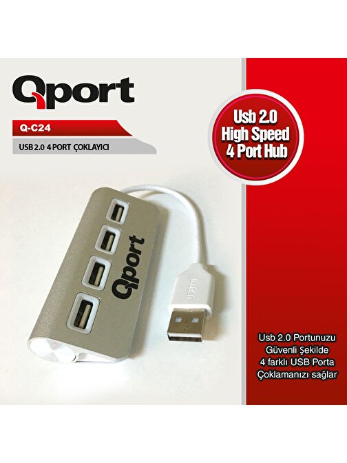QPORT Q-C24 4'lü USB2.0 HUB (Giriş : USB2.0 => Çıkış: 4*USB2.0) (Metal Kasa)
