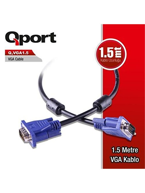 QPORT Q-VGA1.5 15 Pinli Erkek-Erkek Filtreli VGA Monitör Kablosu 1.5 M