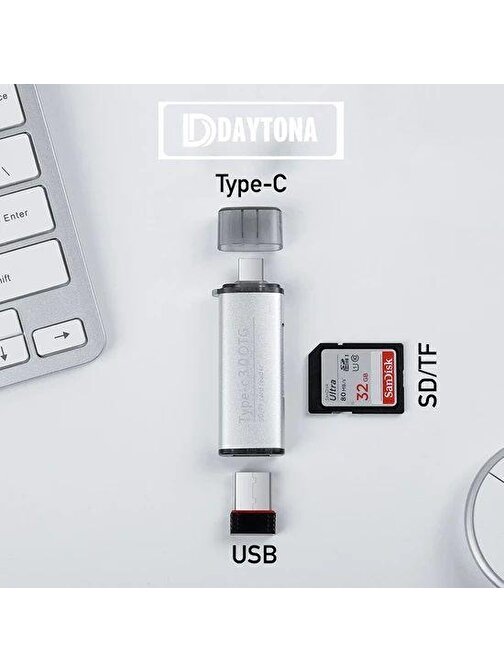 DAYTONA ADS-103 ÇOK FONKSİYON USB KART OKUYUCU (Giriş:USB Type-C+USB3.0 (OTG) => Çıkış:SD+Mic.SD)