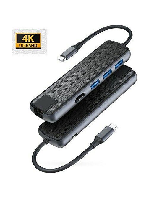 DAYTONA TC090 6'lı USB Type-C DOCKING STATION (Giriş:Tip-C => Çıkış:3*USB3.0+HDMI+RJ45+PD)