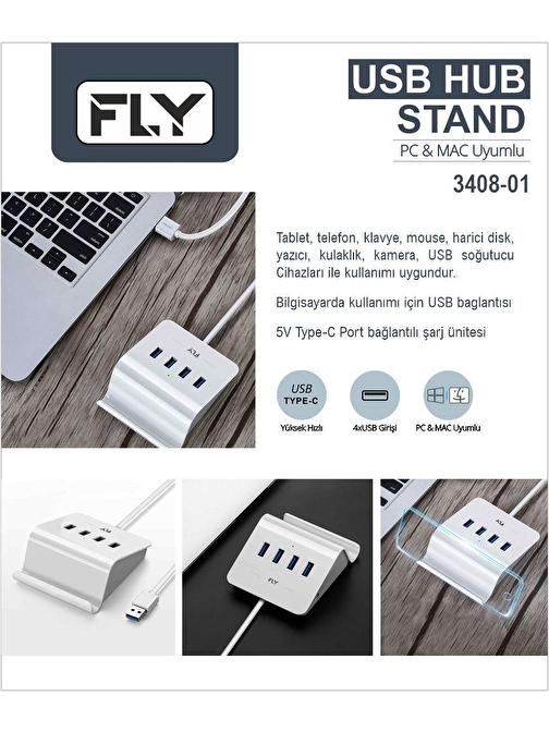 FLY 3408-01 4 Portlu Type-C Usb Çoğaltıcı