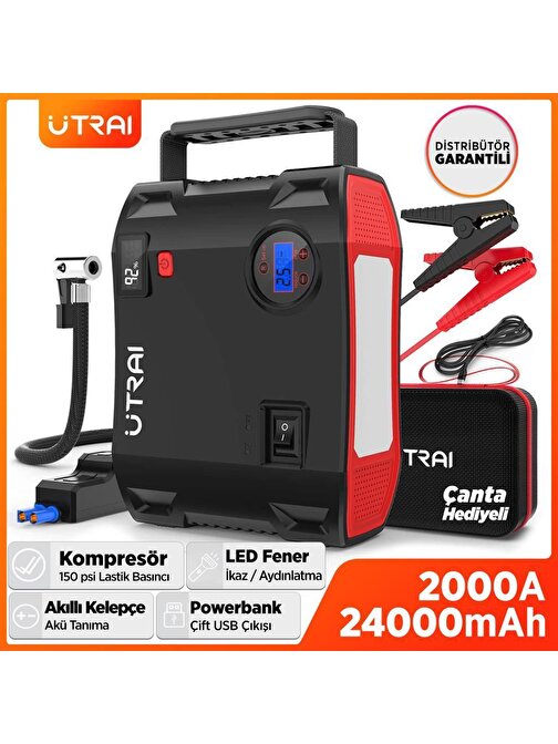 Utrai Jstar 5 24000Mah 2000A Jump Starter + Lastik Şişirme Pompası Taşınabilir Akü Takviye Cihazı ( Çanta + Lcd Ekran + Powerbank + Led Lamba)