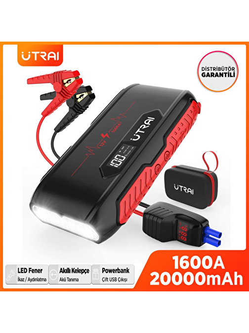 Utrai Jstar 3 20000Mah 1600A Jump Starter Lcd Ekranlı Taşınabilir Akü Takviye Cihazı ( Çanta + Powerbank + Led Lamba)