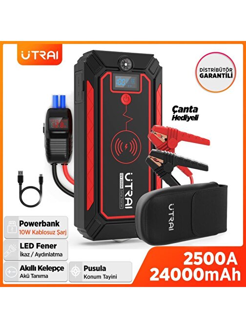 Utrai Jstar 4 24000 Mah 2500A Jump Starter Taşınabilir Akü Takviye Cihazı ( Kablosuz Şarj + Pusula + Çanta + Led Lamba + Powerbank )