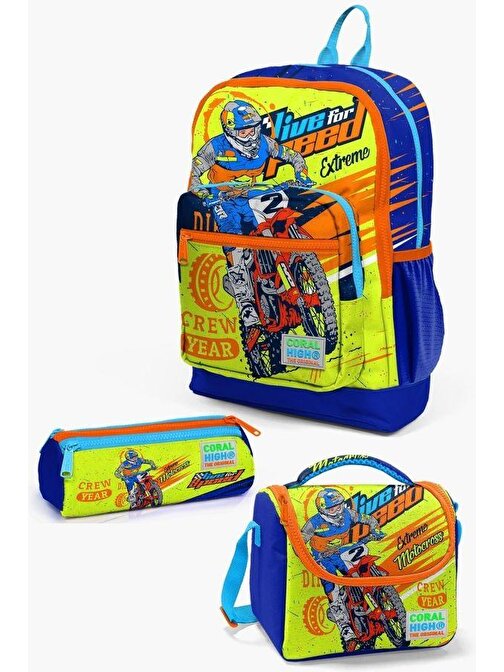 Coral High Kids Su Geçirmez Motorsiklet Çanta Seti Fosforlu Sarı Beslenme Çantalı