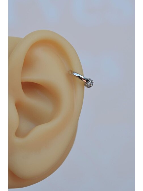 Gümüş Renkli Zirkon Toplu Halka Tragus Piercing Helix Kıkırdak Küpesi