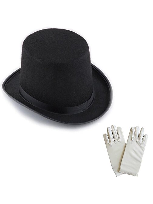nefertiya Siyah Sihirbaz Fötr Şapka PM - 1 Çift Beyaz Sihirbaz Eldiveni - Yetişkin Boy