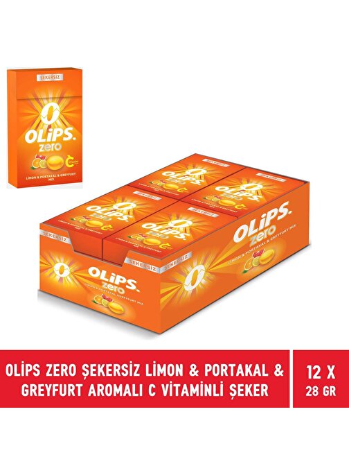 Olips Zero Şekersiz Limon & Portakal & Greyfurt Aromalı C Vitaminli Şeker 28 gr x 12 Adet