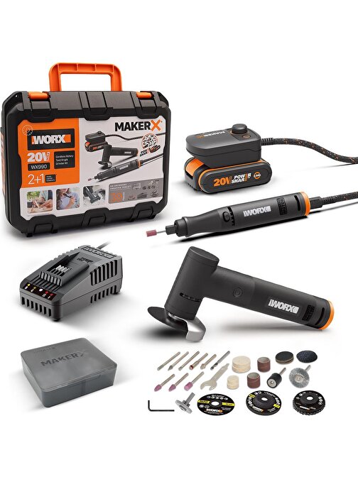 WORX WX990 MAKERX 20Volt 2.0Ah. Kömürsüz Profesyonel Kalem Tipi Devir Ayarlı Gravür + 50MM Açılı Avuç Taşlama Kombo Set + 39 Parça aksesuar