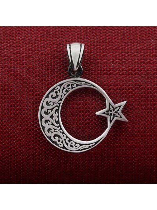 Ay Yıldız Tasarımlı Desenli 925 Ayar Gümüş Kolye Ucu