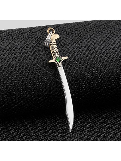 Osmanlı Kılıcı Yeşil Zirkon Taşlı Parlak Gümüş Kolye Ucu
