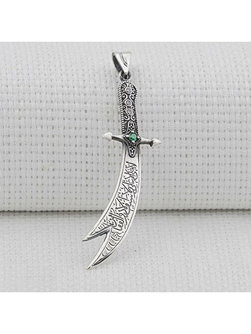 Yeşil Taşlı Zülfikar Kılıç Tasarımlı 925 Ayar Gümüş Kolye Ucu