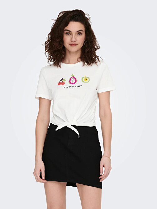 Only Sıfır Yaka Regular Fit Beyaz-Meyve Kadın T-Shirt 15290571