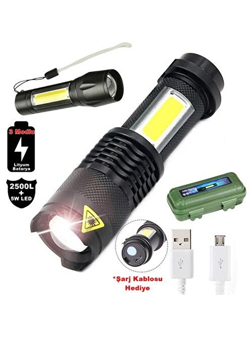 Go İthalat Su Geçirmez Şarjlı Uzun Menzilli El Feneri 2500 Lumens + 5W Cob Led Usb Lion Şarjlı Ultra Güçlü Q5 Xpe 3877