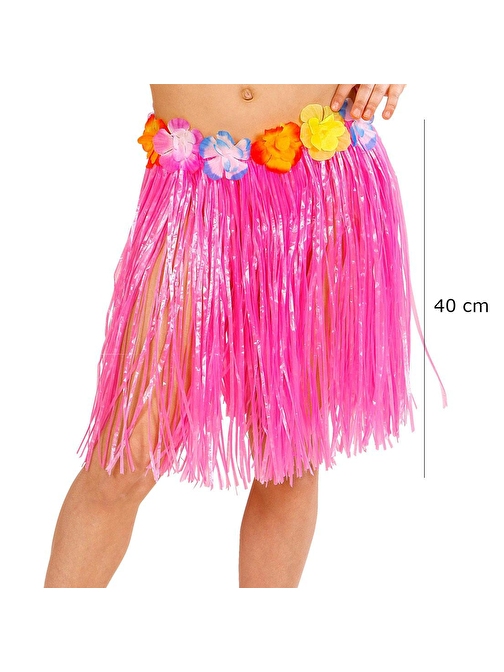 Himarry Yetişkin ve Çocuk Uyumlu Pembe Renk Püsküllü Hawaii Luau Hula Etek 40 cm