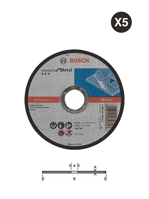 Bosch - 5 Adet 115*1,6 Mm Standard Seri Düz Metal Kesme Diski Taş