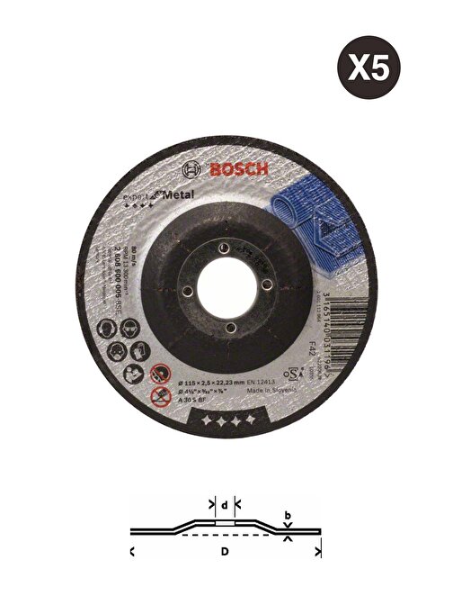 Bosch - 5 Adet 115*2,5 Mm Expert Serisi Bombeli Metal Kesme Diski Taş