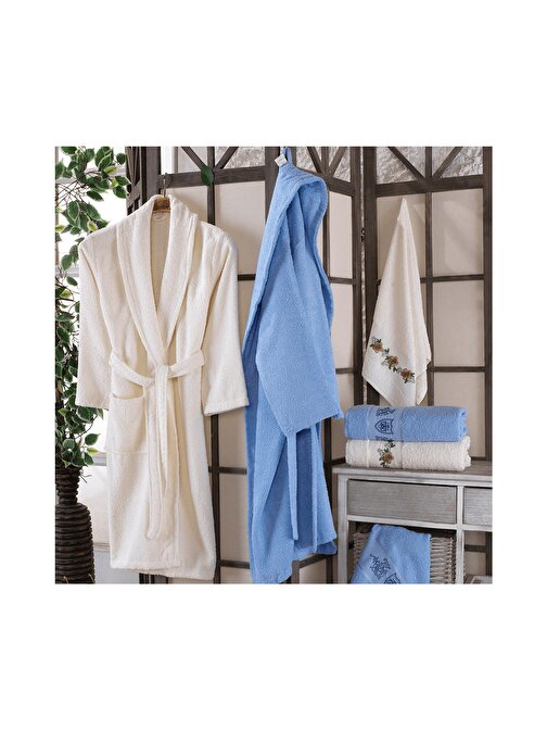 Zubazup Nakışlı 6 Parça Aile Banyo Bornoz Seti Krem / Mavi Baş Havlusu + Bornoz + Vücut Havlusu Çeyizlik Banyo Seti Kutulu Ürün Set İçeriği / / Havlu