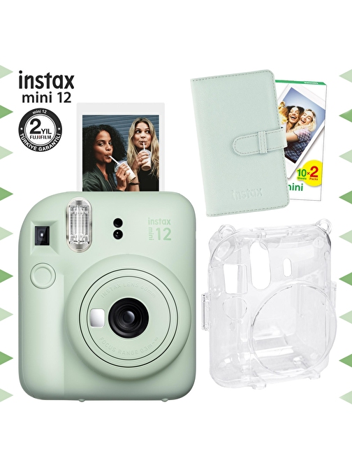 Instax mini 12 Yeşil Fotoğraf Makinesi-20'lu Film-Laporta Albüm ve Şeffaf Kılıf Seti