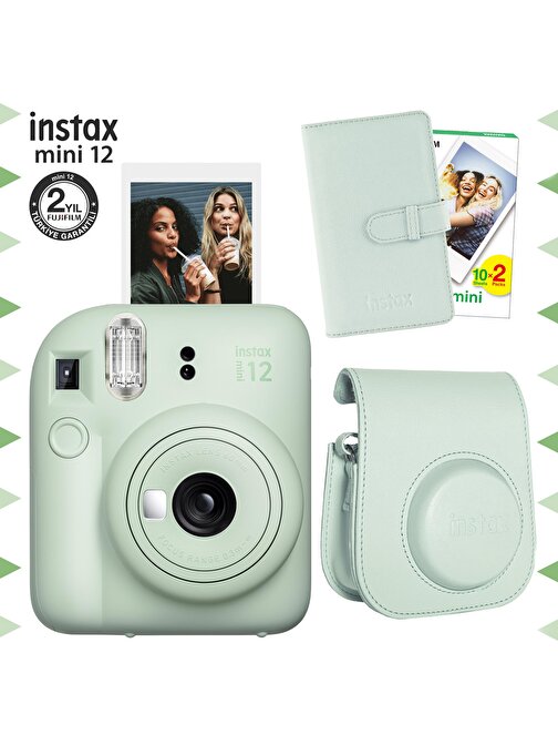 Instax mini 12 Yeşil Fotoğraf Makinesi-20'li Film-Laporta Albüm ve Deri Kılıf Seti