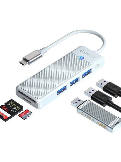 Orico 4 Portlu USB 3.0 Dahili Kablolu Type-C Kart Okuyucu USB Çoğaltıcı Beyaz