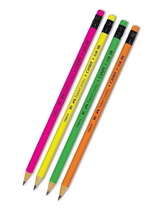 Faber-Castell Kurşun Kalem Silgili 4 Adet Candy HB Siyah Kurşun Kalem Silgili Kalem Neon Desenli HB Kalem