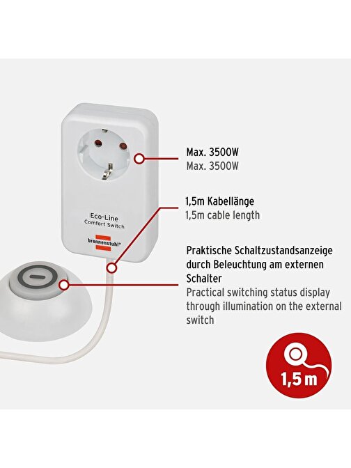 Brennenstuhl  Eco-Line 1,5 Metre Uzatmaya Sahip Kumandalı Ip20 Lisanslı Tekli Priz