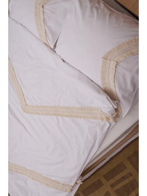 Vivamaison Krem Püskül Beyaz Yüzde Yüz Pamuk Tek Kişilik Nevresim Yastık Seti 160x220 cm