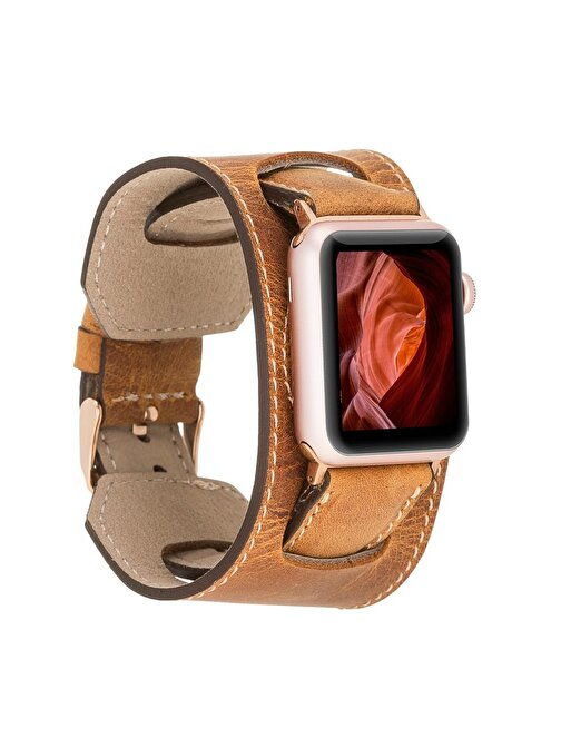 Bouletta Apple Watch 42 - 44 - 45 mm G19 Taba Cuff Deri Akıllı Saat Kordonu Taba