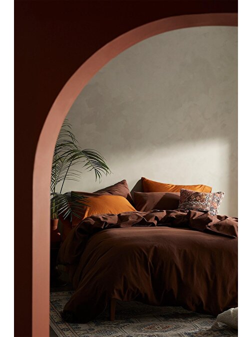 Vivamaison Pamuk Keten Yıkanmış Kahverengi Renk Tek Kişilik Nevresim Yastık Seti 160x220 cm
