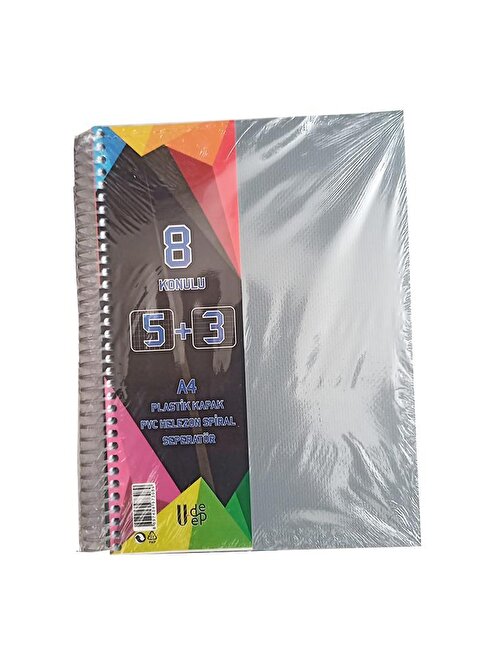 Artlantis 5+3 Ayraçlı Defter 8 Konulu 200 Yaprak 1 Adet 5 Kareli 3 Çizgili Spralli Plastik Kapak Seperatörlü Gri