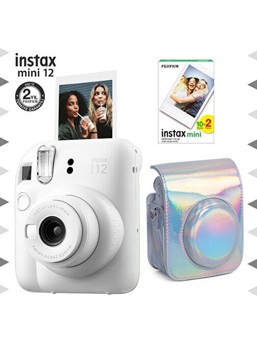 Instax mini 12 Beyaz Fotoğraf Makinesi-20'li Film ve Parlak Kılıf Seti