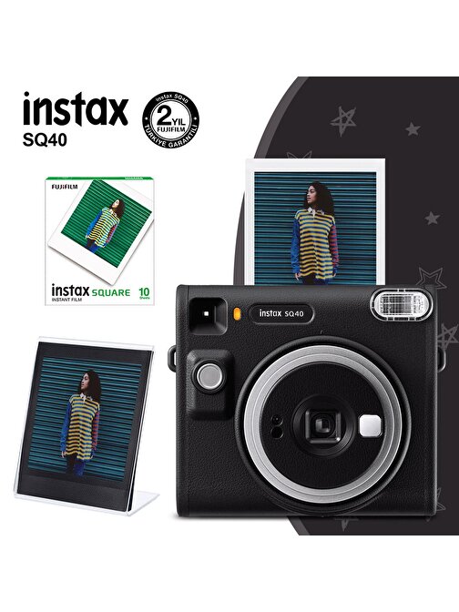 Instax SQ40 Siyah Fotoğraf Makinesi 10lu Kare Film ve Pleksi Çerçeve