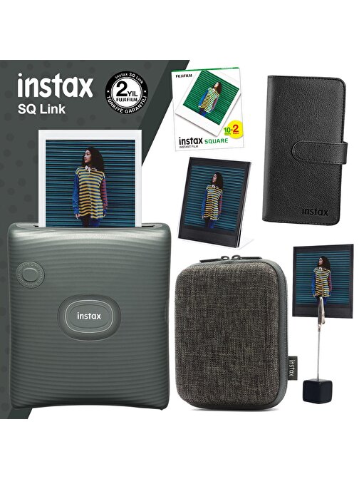 Instax SQ Link Yeşil Yazıcı 20li Square Film Kılıf Albüm Pleksi Çerçeve ve Kıskaçlı Stand