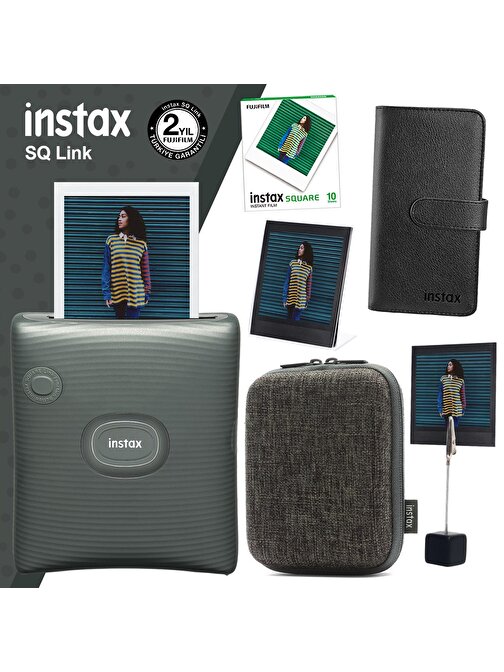 Instax SQ Link Yeşil Yazıcı 10lu Square Film Kılıf Albüm Pleksi Çerçeve ve Kıskaçlı Stand