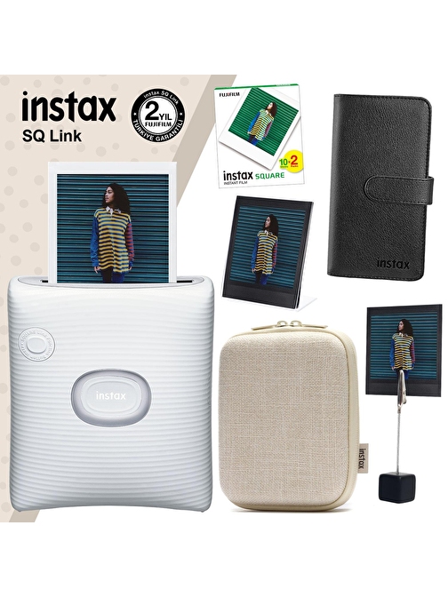 Instax SQ Link Beyaz Yazıcı 20li Square Film Kılıf Albüm Pleksi Çerçeve ve Kıskaçlı Stand