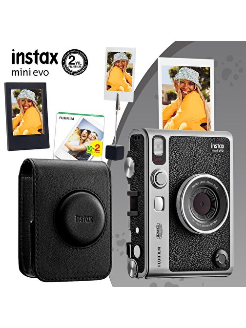 Instax Mini Evo Siyah Fotoğraf Makinesi 20li Film Deri Kılıf Çerçeve ve Kıskaçlı Stand