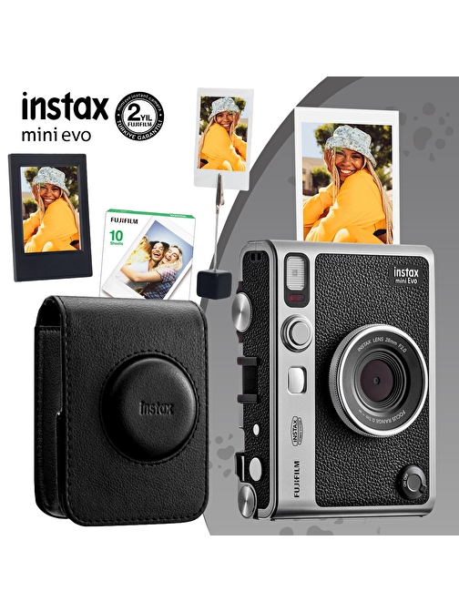 Instax Mini Evo Siyah Fotoğraf Makinesi 10lu Film Deri Kılıf Çerçeve ve Kıskaçlı Stand