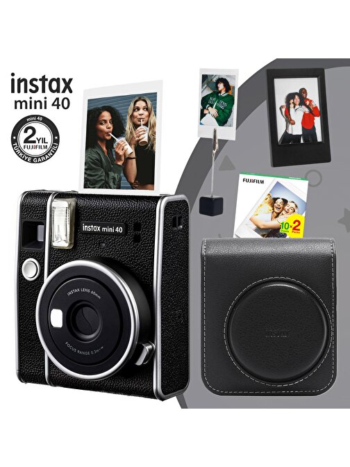 Instax Mini 40 Fotoğraf Makinası-20li Film-Deri Kılıf-Çerçeve ve Kıskaçlı Foto Stand