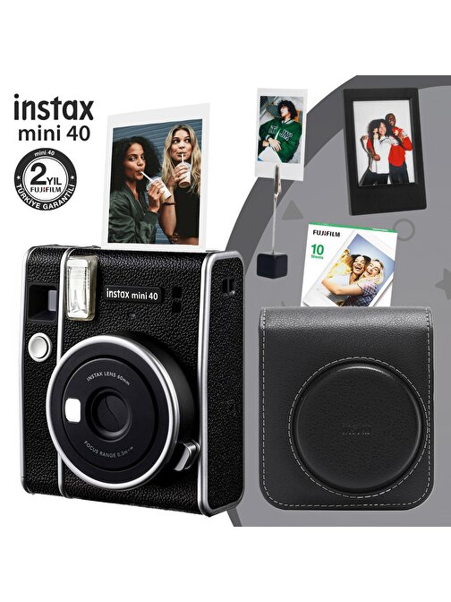 Instax Mini 40 Fotoğraf Makinası-10lu Film-Deri Kılıf-Çerçeve ve Kıskaçlı Foto Stand